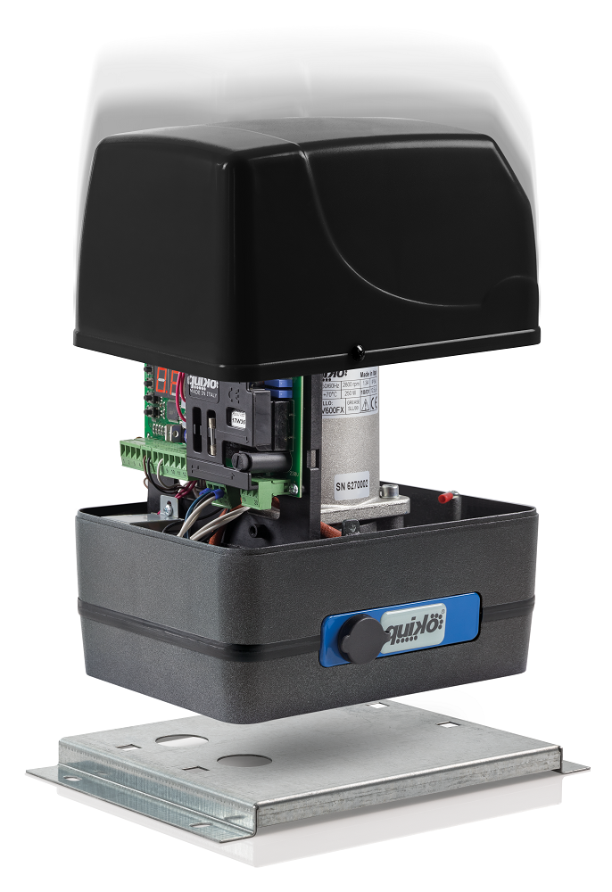 Garage door opener with visible components on a white background