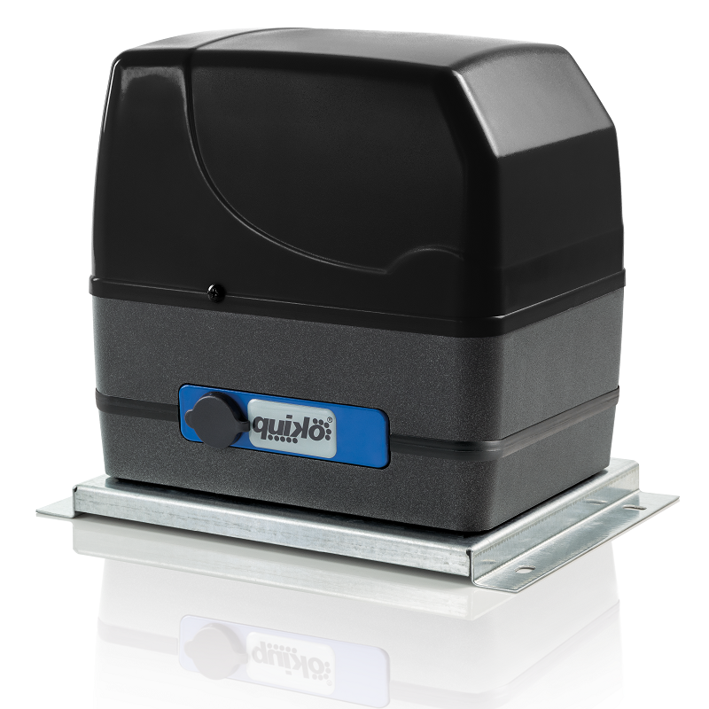 Black electronic device with a blue label on a white background